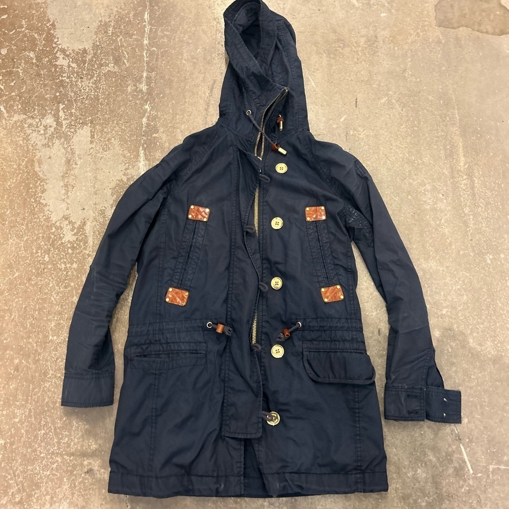Michael kors Navy Hooded light Coat with gold Accents